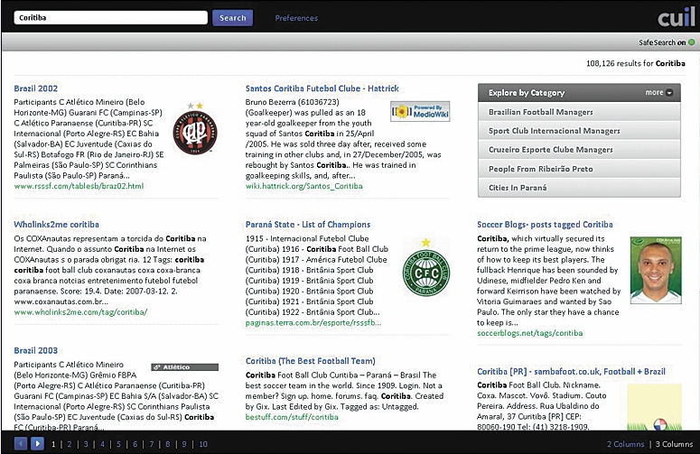 Tela do Cuil: busca por Coritiba mostra emblema do Atlético na primeira resposta |