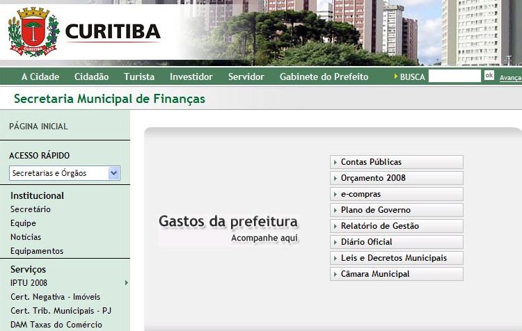 Site da prefeitura de Curitiba com ferramenta de acesso a gastos: para especialista, ainda falta muito para oferecer transparência aos cidadãos | Reprodução