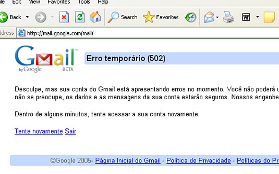 Internautas tentam acessar Gmail, e encontram mensagem de erro. | Reprodução