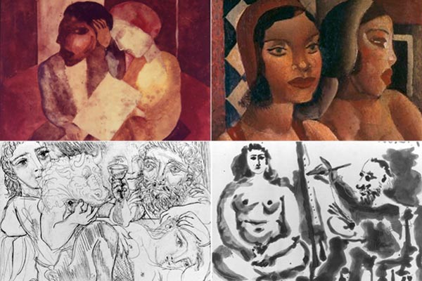 As obras levadas da Estação Pinacoteca em junho, todas já recuperadas. Acima: O casal (esq.) e Mulheres na janela (dir.). Abaixo: Minotauro, bebedor e mulheres (esq.) e O pintor e seu modelo (Foto: Divulgação) | Divulgação