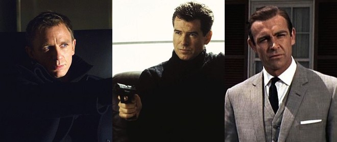 Daniel Craig (2006), Pierce Brosnan (2002) e Sean Connery (1964) - três gerações de James Bond | 