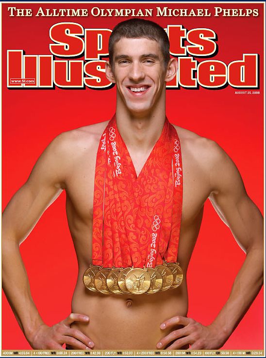 Capa da revista Sports Illustrated de 25 de agosto de 2008. Phelps exibe suas oito medalhas de ouro | Sports Illustrated / Reprodução