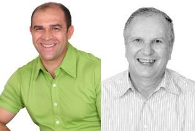 Lisias Tomé (esq), que tenta reeleição, e o candidato a vice Plínio Destro, ambos do PSC |