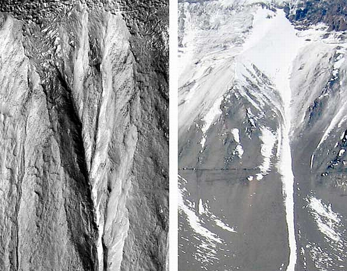 Uma ravina marciana (à esq.) e a estrutura correspondente na Antártida: gêmeas planetárias? | Reprodução PNAS