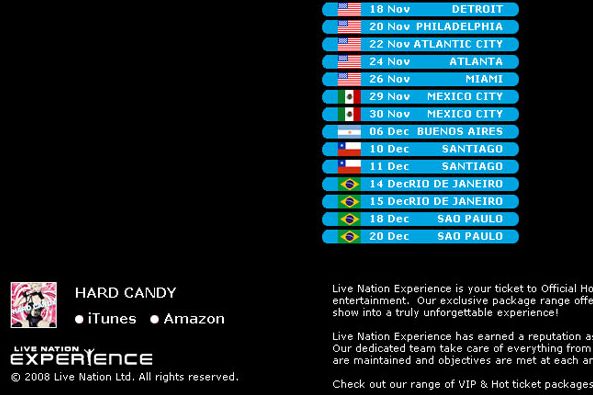 Reprodução da tela de navegação do site da Live Nation | Reprodução