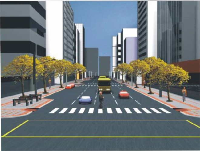 Projeto com trecho revitalizado, prédios altos e de perfil misto |