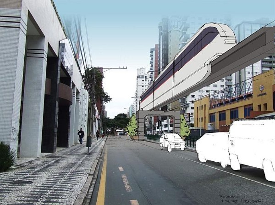 Monotrem proposto por Fabio Camargo. O metrô de superfície passaria por cima dos ônibus | Divulgação