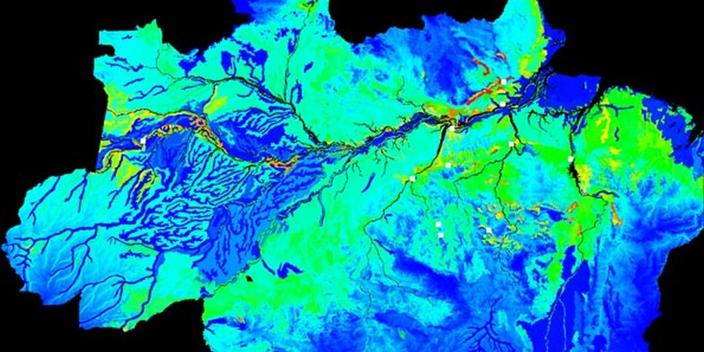 Mapa mostra locais propícios para o crescimento da castanha-do-Brasil. As melhores áreas estão em vermelho. Os terrenos onde a planta não consegue viver estão pintados de azul | Museu Paraense Emílio Goeldi / Divulgação