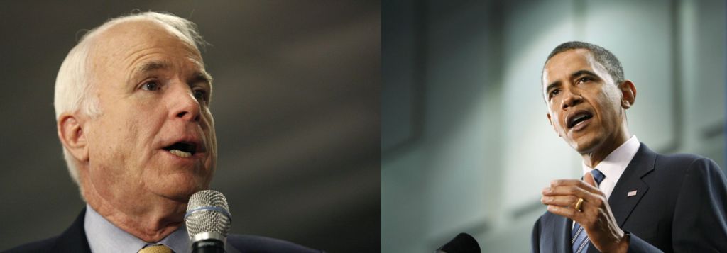 McCain (esq.) e Obama vão precisar do "mapa dos EUA" para a reta final da corrida presidencial: estratégia eleitoral para conquistar votos em quatro grandes Estados | Mike Stone / Rick Wilking / Reuters