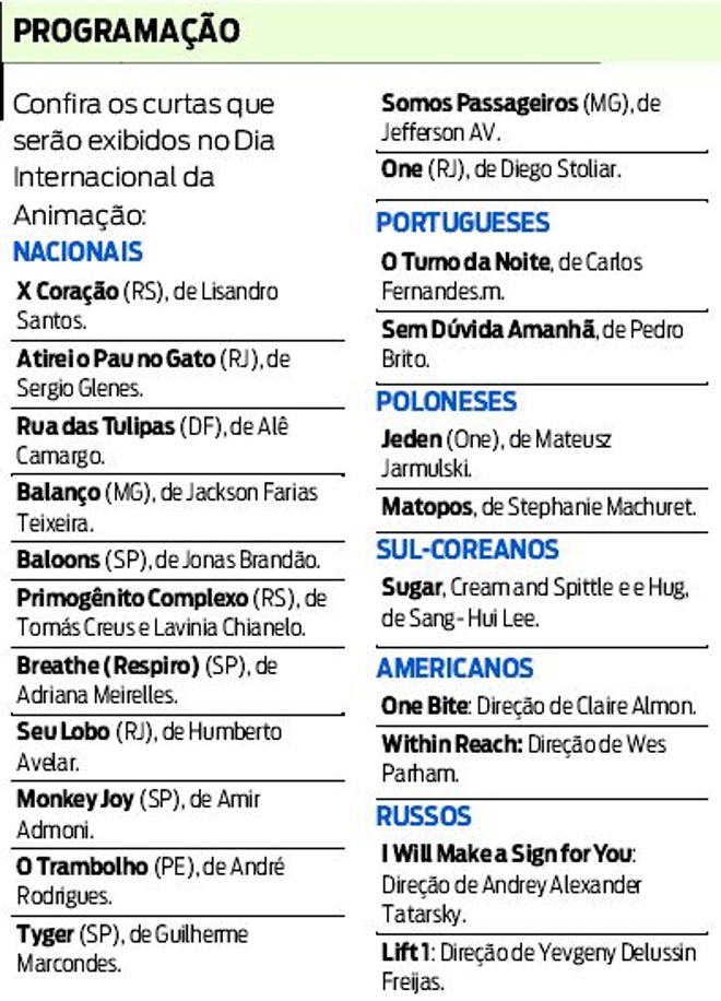 Confira os curtas que serão exibidos no Dia Internacional da Animação |