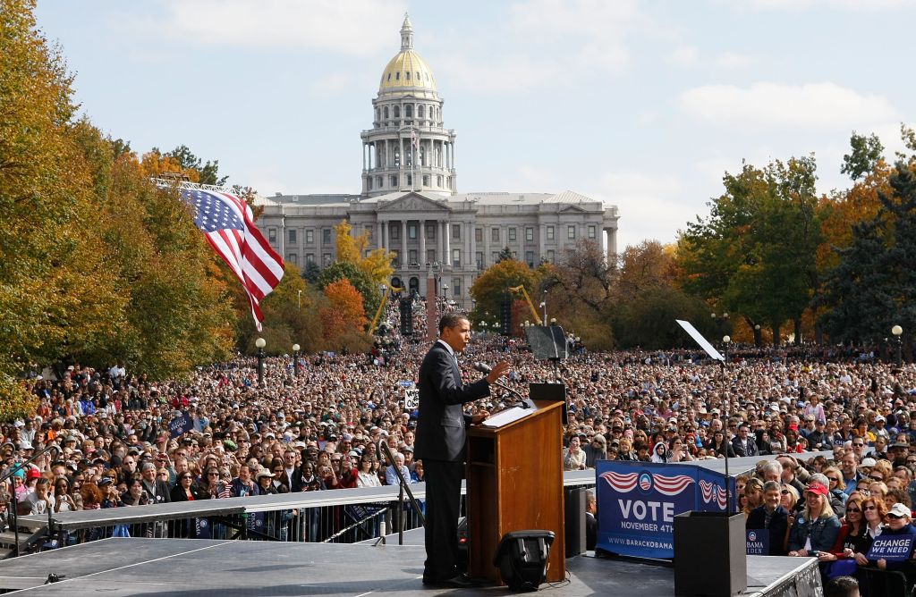 Comício de Barack Obama em Denver (Colorado) atraiu ontem mais de 100 mil pessoas | Joe Readle/AFP