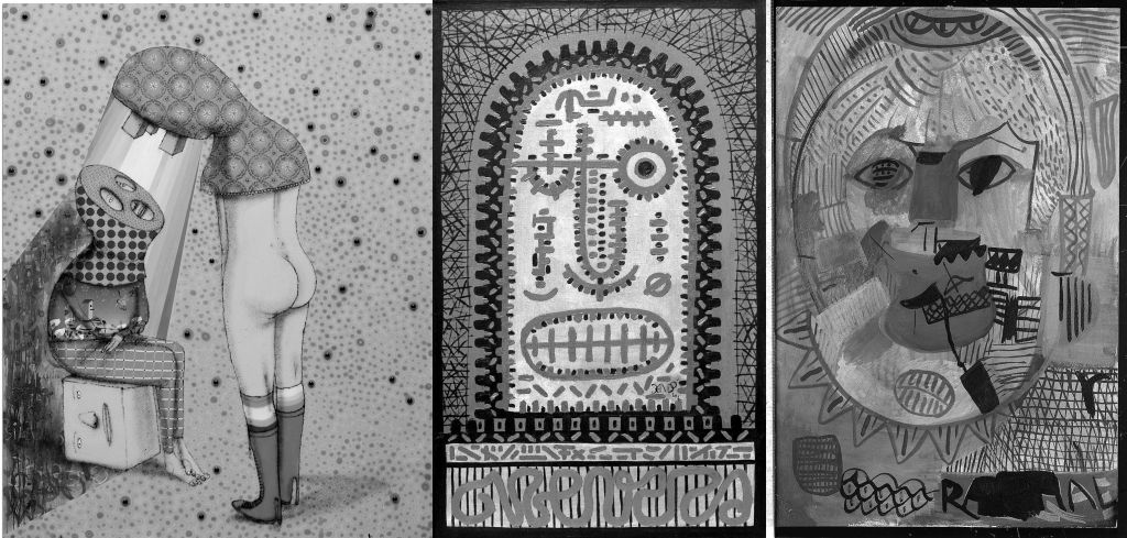 ´´Claro Que Ela Ajudará a Construir o Muro``, de Osgêmêos; ´´Máscara CII``, de Niobe Xandó; e obra de Raphael Domingues, paciente-artista de Nise da Silveira | Reprodução