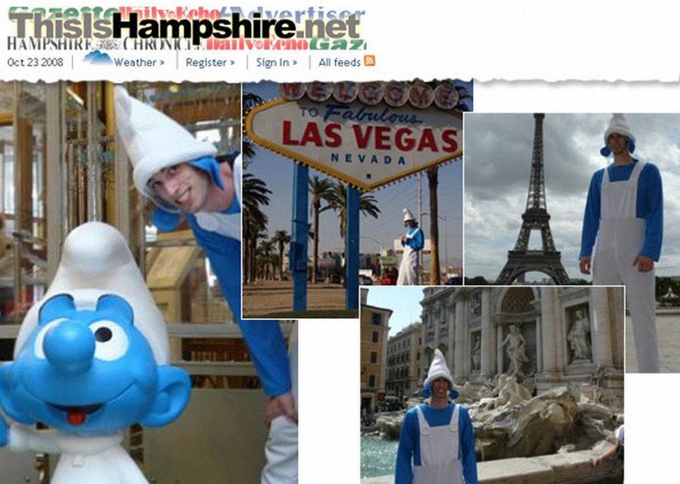 Durante o verão europeu, Ian Tomkins viajou para a Bélgica, Itália, França e Estados Unidos, para promover a festa dos gnomos azuis | Reprodução