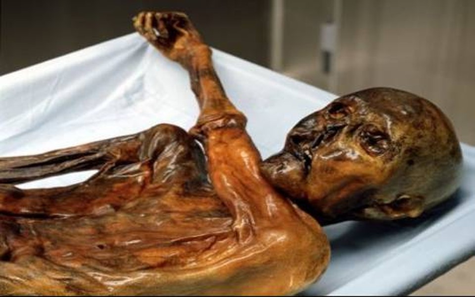 O cadáver do Homem de Gelo em laboratório | Reprodução