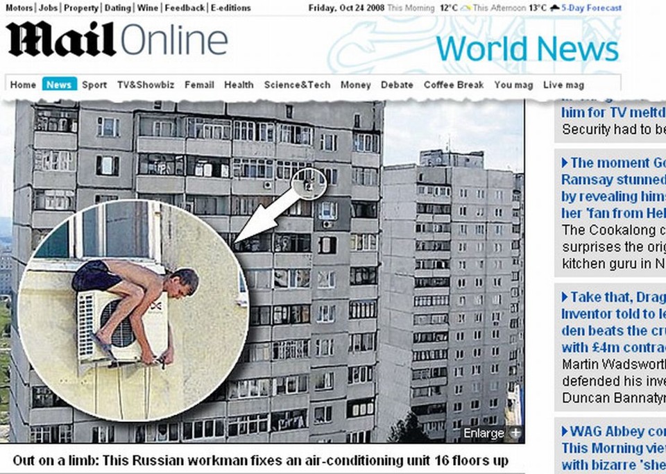 Homem não usou equipamentos que pudessem protegê-lo de queda | Reprodução / Daily Mail