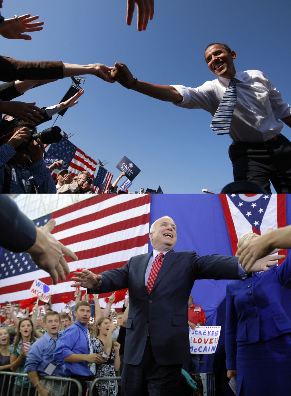 Obama estica os braços para cumprimentar eleitores em potencial, em Iowa. Enquanto McCain pecorreu Ohio com seu ônibus pelo segundo dia seguido e recebeu calorosas saudações de eleitores | Brian Snyder / Jason Reed / Reuters