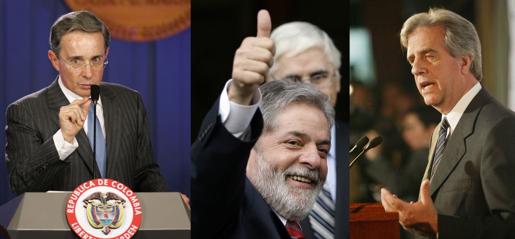 Uribe (esq.), Lula (centro) e Vázquez (dir.) foram eleitos os mais populares por 22 países da América Latina, Portugal e Espanha | John Vizcaino / Sergio Perez / Andres Stapff / Reuters