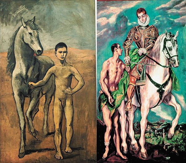 El Greco - El Greco (1541-1614) é um dos monstros sagrados da pintura espanhola e não poderia deixar de causar impressão a um artista tão consciente da tradição artística de seu país como Picasso. A influência é especialmente notável nas obras do pintor andaluz quando jovem. Picasso pintou Meneur de Cheval Nu (à esquerda) quando tinha cerca de 25 anos, em sua fase rosa. Não é difícil identificar a dívida com a imagem de São Martinho em seu cavalo, ao lado de um pobre, pintado por El Greco (à direita) final do século 16 |