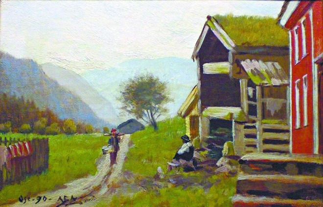 Quadro com tema folk, de 1890, que representa a vida dos camponeses do interior da Noruega; pertence a uma coleção privada daquele país |