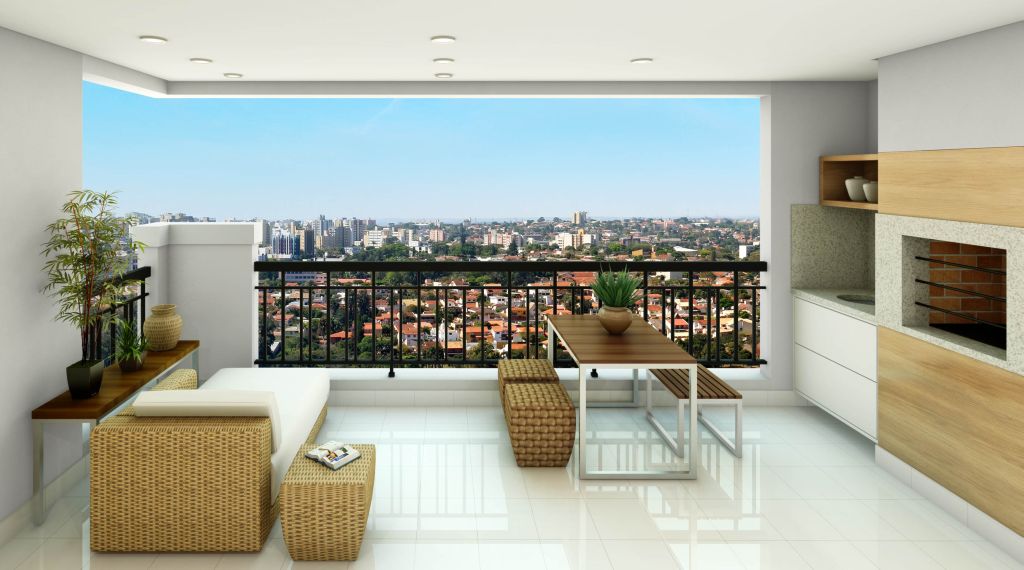 O edifício em construção Vintage, da joint venture entre Thá e Rossi, ganhará sacada com churrasqueira em estilo contemporâneo | Divulgação/Thá e Rossi