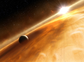 A imagem mostra três planetas em torno de uma estrela diferente do Sol | Nasa/Reprodução