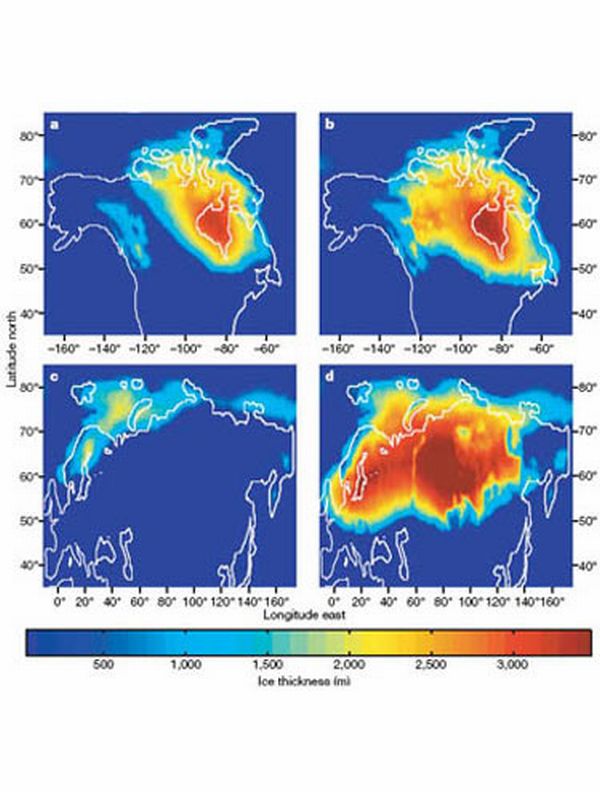 Simulação da camada de gelo que cobrirá a Eurásia e a América do Norte | Nature/ Thomas J. Crowley e William T. Hyde