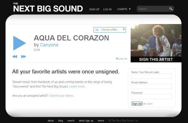 Home do Next Big Thing: internauta pode ser mecenas de novas bandas. | Reprodução