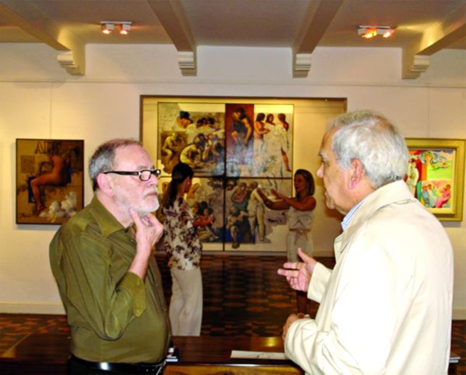 Mural de Sérgio Ferro no Positivo- Interpretação artística do conceito filosófico de Oriovisto Guimarães sobre Universidade, Sérgio Ferro trouxe da França quatro pinturas a óleo  Saber, Ética,Trabalho, Progresso  para compor, depois de ampliadas em cerâmica, o novo e gigantesco mural da fachada do Teatro da Universidade Positivo, em Curitiba. Aqui, Zoom fotografou, em primeira mão, o primeiro olhar do reitor sobre a obra | 