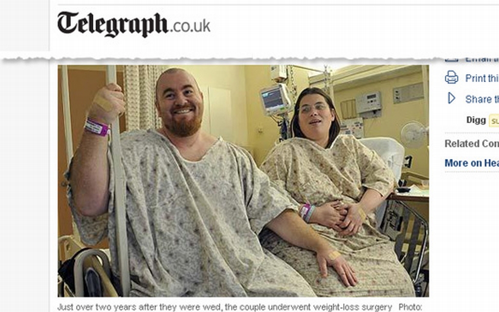 Casal norte-americano Todd e Lorie Richmond, que pesava mais de 320 quilos, passou por cirurgia no mesmo dia | Reprodução/The Telegraph