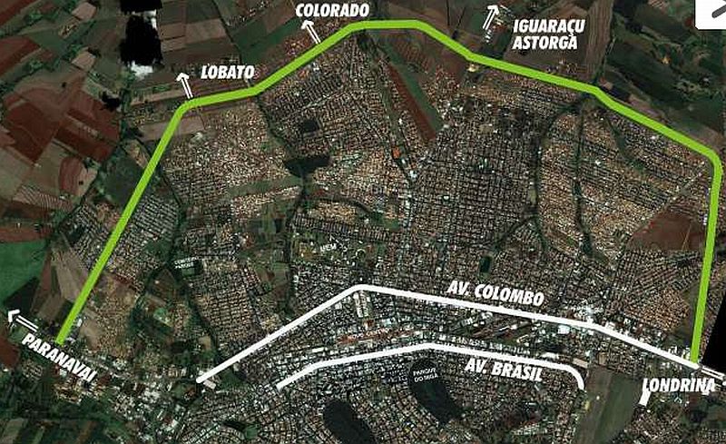 Traço em verde representa o trajeto por onde passará o Contorno Norte | Divulgação Prefeitura de Maringá