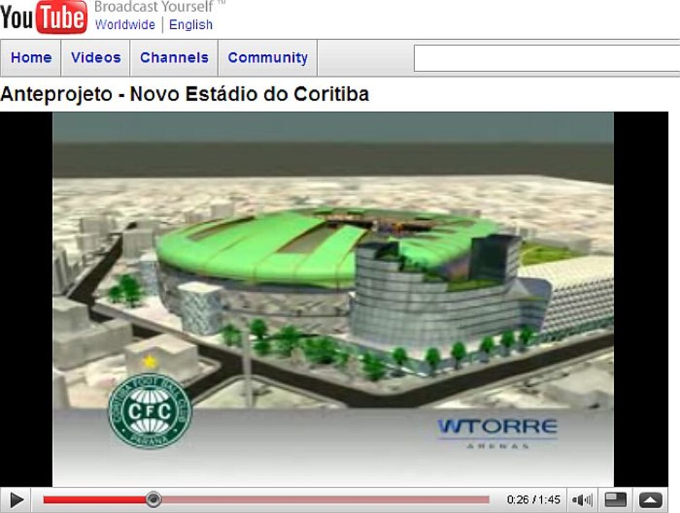 O passeio virtual pela maquete do futuro estádio do Coritiba pode ser feito pelo YouTube | Reprodução/YouTube