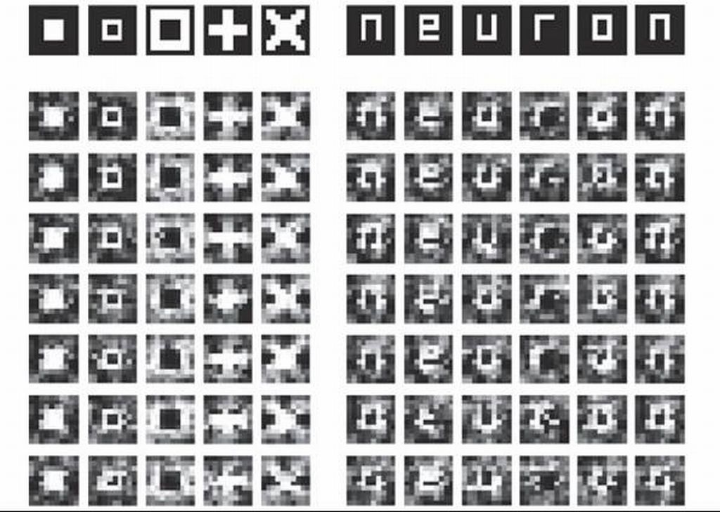 Acima, padrão de imagens exibido ao voluntário; abaixo, reconstruções feitas pelo computador | Divulgação