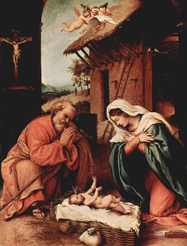 Maria, José e o menino em pintura de Lorenzo Lotto (século 16) | Reprodução