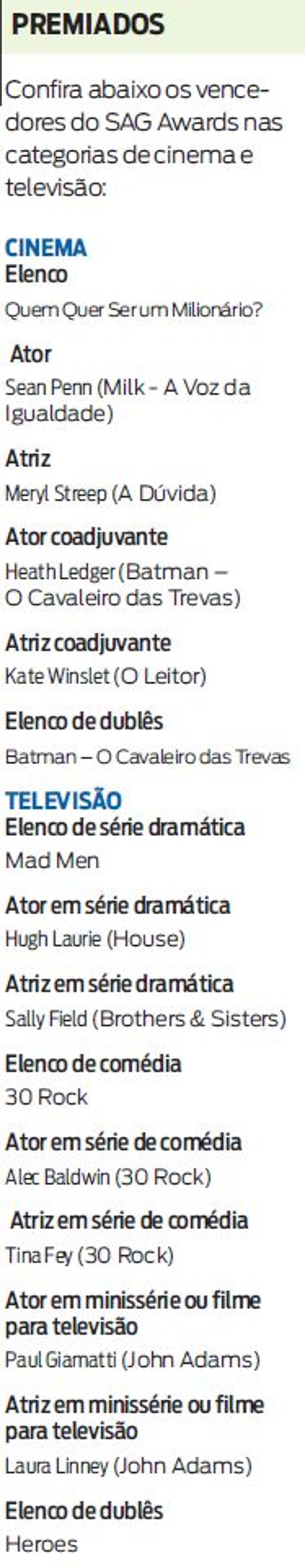 Confira os vencedores do SAG Awards nas categorias de cinema e televisão |