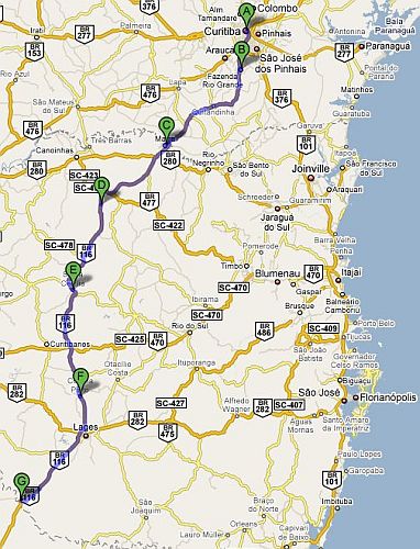 Localização e início da cobrançaA -CuritibaB Fazenda Rio Grande- 22 Fevereiro 2009C Rio Negro- 4 de fevereiro 2009D Monte Castelo 4 de fevereiro 2009E Santa Cecília 18 de janeiro 2009F -Correia Pinto 19 de dezembro 2008G-Fim do trecho da concessão | Imagem Google Maps