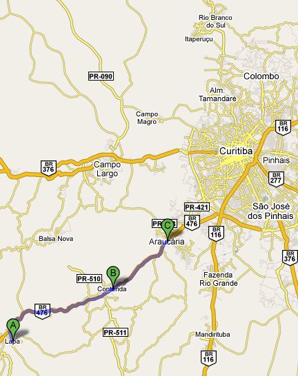 O ônibus seguia da Lapa para Araucária. Acidente aconteceu no quilômetro 166 da BR-476, no município de Contenda. | Imagem Google Maps