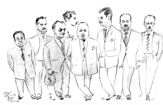 Caricatura do pessoal da redação em 1948. Trabalho de Mulato. O primeiro da esquerda é Dicésar Plaisant, o segundo Reynaldo Dacheux Pereira. Ao fundo, de perfil, Bacila Neto. Ao centro, José Muggiati Sobrinho, redator-chefe |