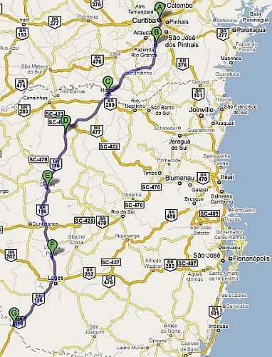 Localização e início da cobrançaA -CuritibaB Fazenda Rio Grande- * Final de Fevereiro 2009C Rio Negro- 4 de fevereiro 2009D Monte Castelo 4 de fevereiro 2009E Santa Cecília 18 de janeiro 2009F -Correia Pinto 19 de dezembro 2008G-Fim do trecho da concessão*previsão | Imagem Google Maps