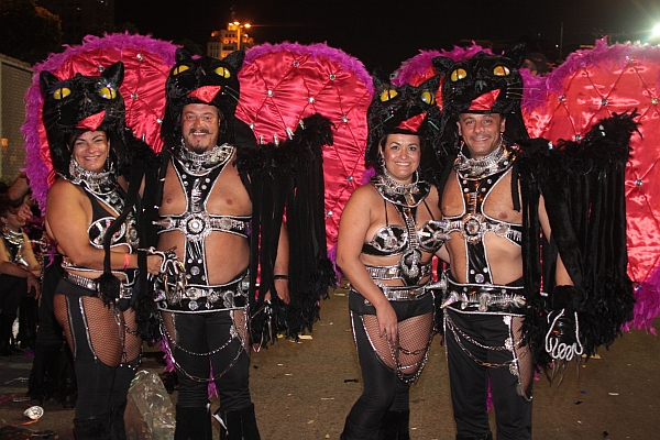 Os casais Débora e Fabrício Macedo e Adriana e Marcelo Gava na ala Banho de Gato, no desfile da Beija-Flor. | Fotos: Mauro Campo