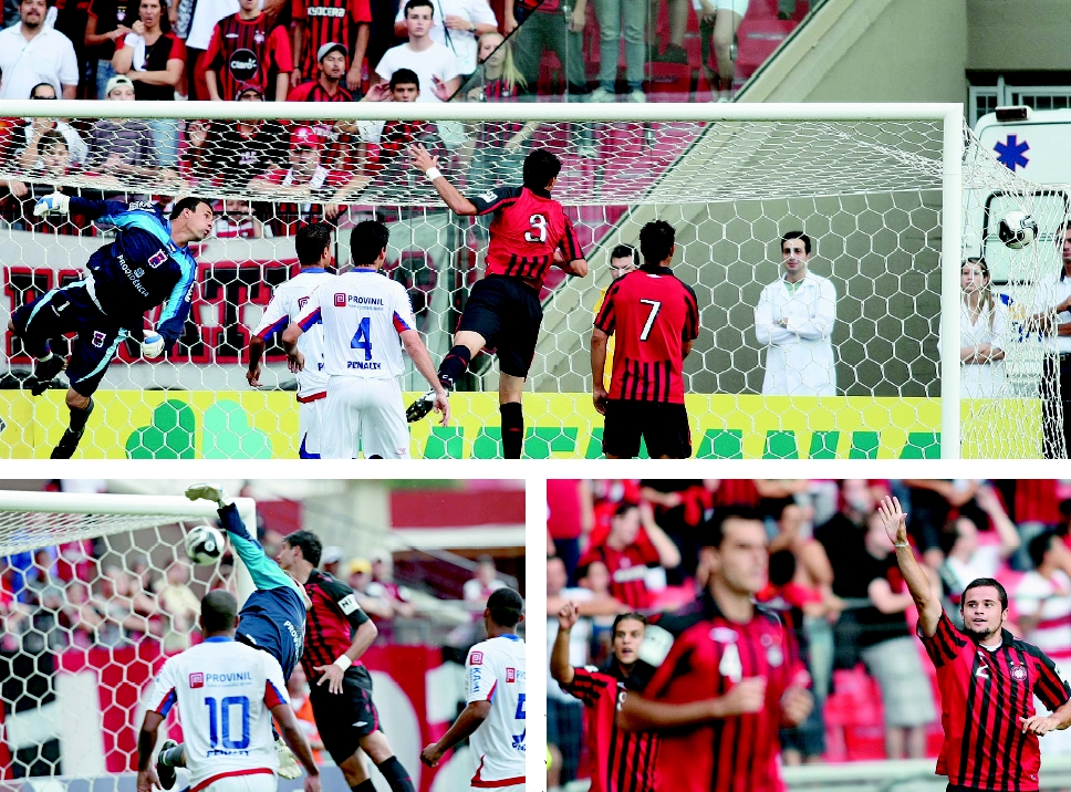 A bola morre no ângulo superior esquerdo do goleiro paranista Ney (foto maior e no detalhe, à esquerda), obra de Zé Antônio (detalhe, à direita), que abriu o placar na Arena. | Rodolfo Bührer e Albari Rosa/ Gazeta do Povo
