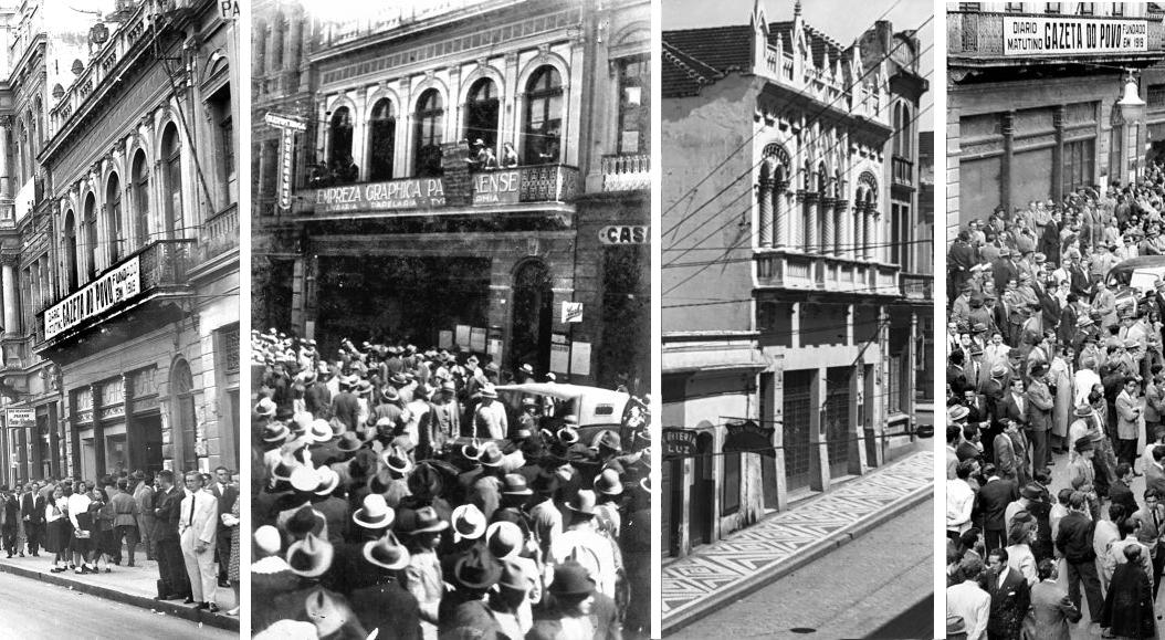 Primeira sede da Gazeta do Povo, na Rua Dr. Murici, em 1919 segunda sede como Empreza Graphica Paranaense, na Rua XV, em 1930. Duas imagens da Gazeta, na Rua XV de Novembro, em 1948 |
