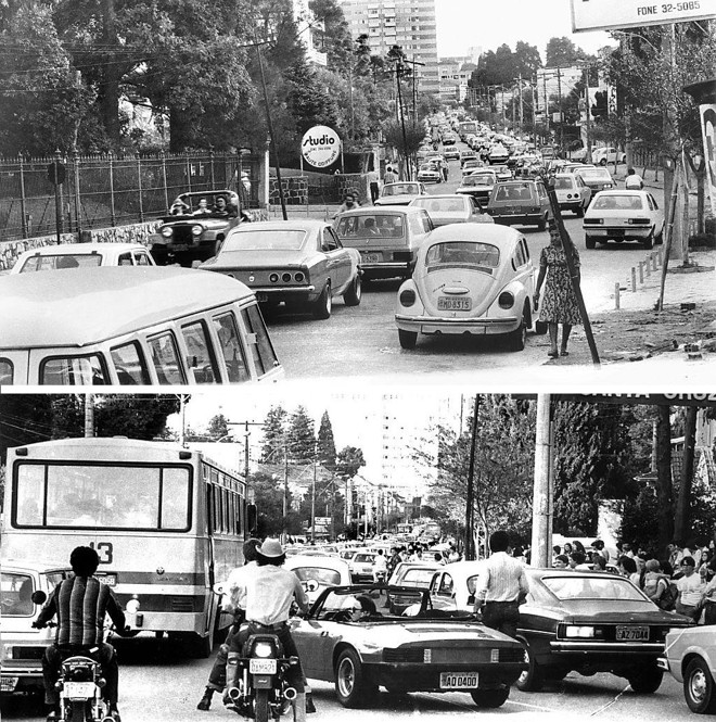 Engarrafamentos de domingo na Avenida Batel na década de 1980 |