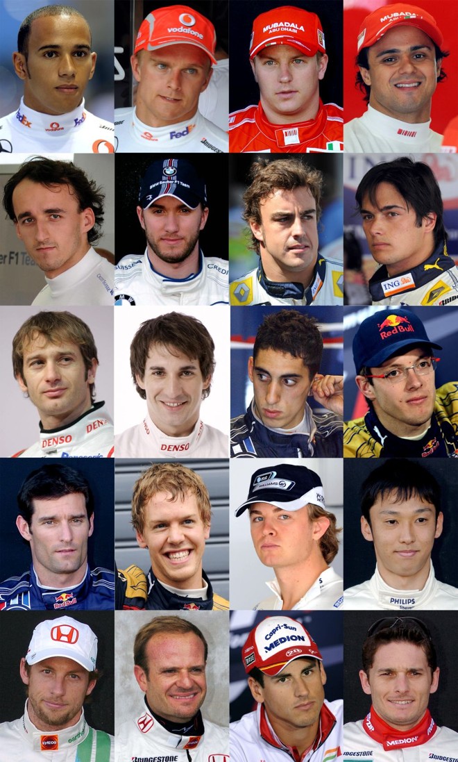 Quem é quem - Aqui estão os 20 pilotos que, a partir de hoje à noite, com o início dos treinos, disputam a temporada 2009 da Fórmula 1. Em relação ao ano passado, apenas uma cara nova, o suíço Sebastien Buemi, da Toro Rosso. São três campeões mundiais (Kimi Raikkonen, Fernando Alonso e Lewis Hamilton) e outros três em ação desde os anos 90 (Rubens Barrichello, Giancarlo Fisichella e Jarno Trulli). Veja a foto, diga quem são os pilotos e confira clicando no infográfico para ver se você acertou | AFP