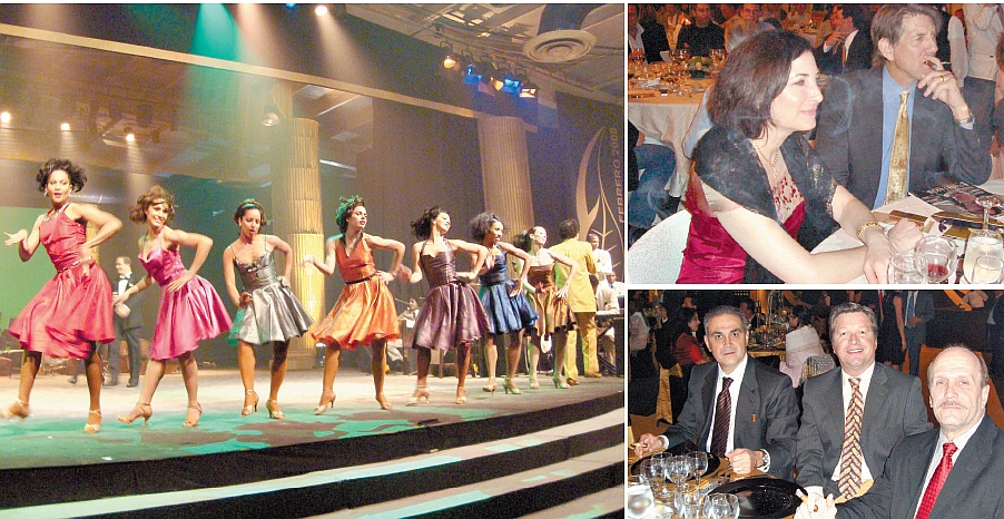 Bailarinas cubanas dançam o Cha-cha-chá na Cena de Gala que marcou o encerramento do XI Festival Internacional del Habano, no último dia 27, no complexo Pabexpo, em Havana. Uma das mesas era ocupada pelo ator americano Peter Coyote e sua bela mulher, Stephanie. De Curitiba, estavam presentes os empresários Alceu Vezozzo Filho e Veríssimo Cubas (na terceira foto, da esq. para a dir.) e o advogado Ivelson Salotto, de São Paulo | Fotos: Reinaldo Bessa