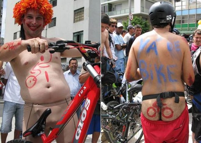 Ciclista pintou o rosto para protesto. Um dos participantes chegou com as nádegas à mostra e foi repreendido pela polícia, que pediu para que ele levantasse a bermuda. 