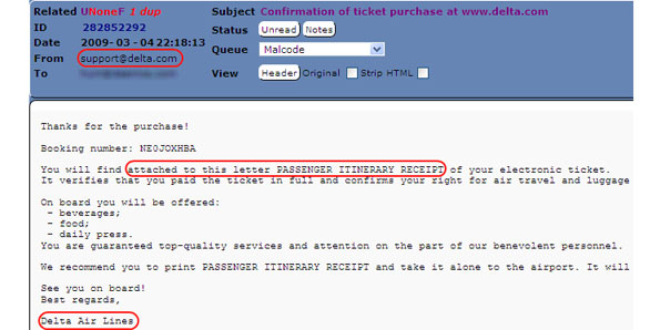 Golpistas enviam mensagem falsa em nome de companhia aérea. | Divulgação/Websense