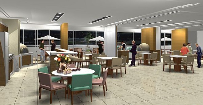 Salão do Hyde Park, da Invespark, que será entregue em dezembro de 2010. Portas corrediças separam os ambientes gourmet, pizza e grill, permitindo reuniões para grupos de todos os tamanhos. | 