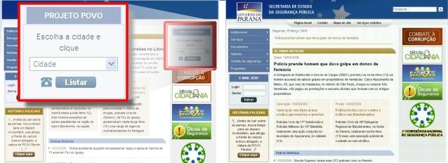 À esquerda, o site do governo com o menu para buscar os telefones do projeto Povo, logo acima do banner vermelho "Combate à corrupção", segundo busca memória cache do site Yahoo!; na direita, a versão atual do site sem essa opção. Memória cache é uma espécie de fotografia guardada por sites com sistema de buscas para indexá-las | Reprodução