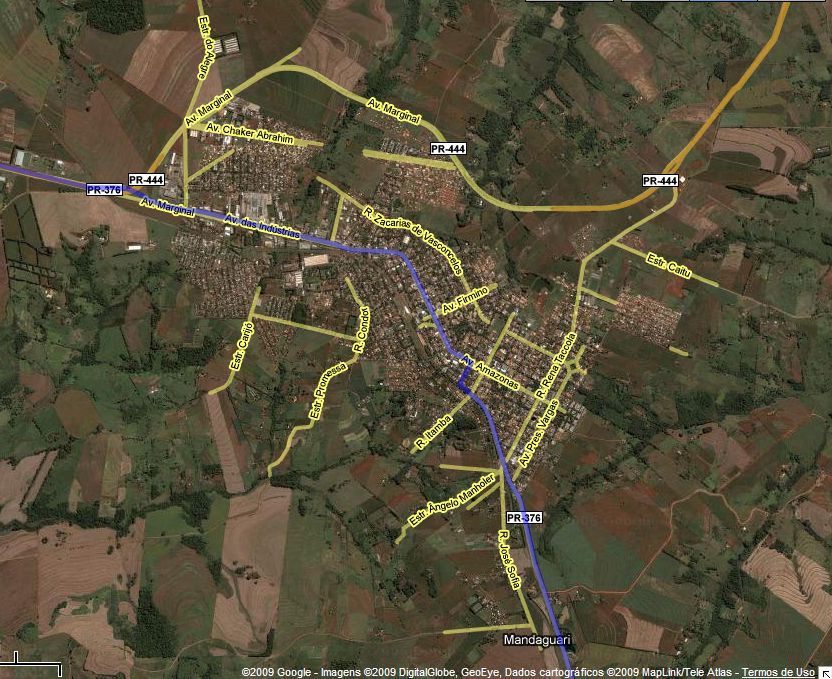 Em azul, trecho da PR-376 que corta Mandaguari. Moradores querem contorno para diminuir fluxo de veículos | Google