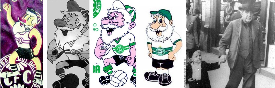 Quatro momentos do Vô Coxa: a criação, em 1956, por sugestão de Aryon Cornelsen; em 1970; em 1985, ano do título brasileiro; e o modelo atual, politicamente correto, sem cachimbo. Acima, Max Kopf, com o neto Osny Bermudes, filho do ex-craque Ninho | Imagens: Reprodução/ Helênicos